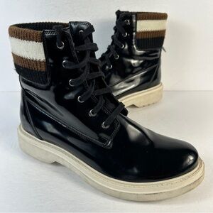 Geox Glossy Black Boots with Brown Knit Trim 39.5